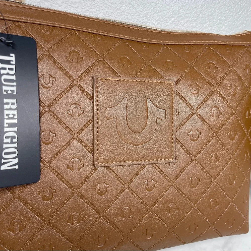 True Religion Cognac Brown Embossed Horseshoe Monogram Cosmetic Makeup Bag Pouch